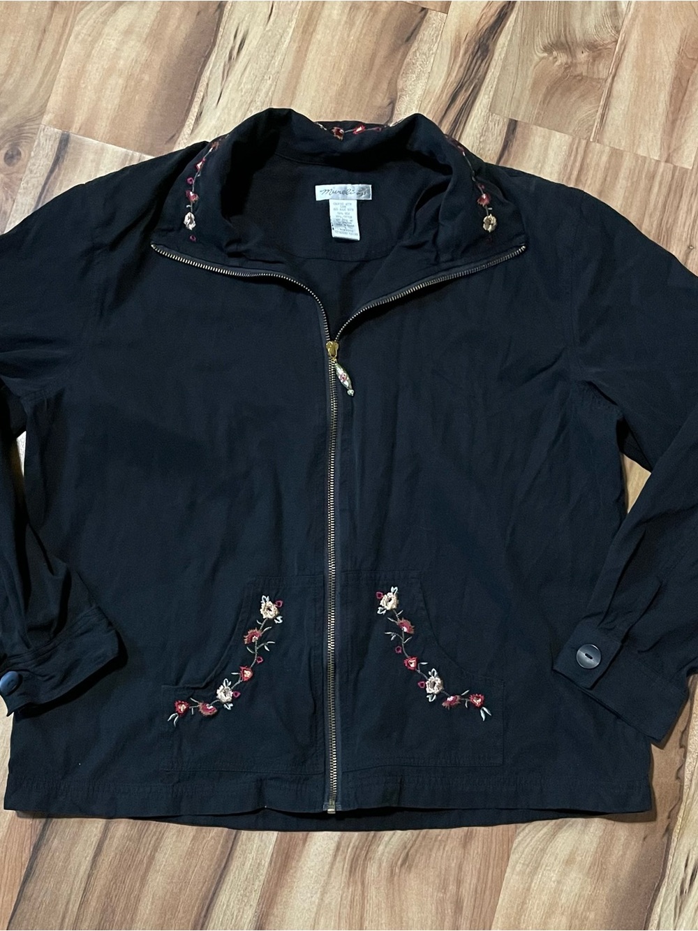 VTG Mureli Black Silk Floral Embroidery Zip Jacket Cottagecore Boho Sz L